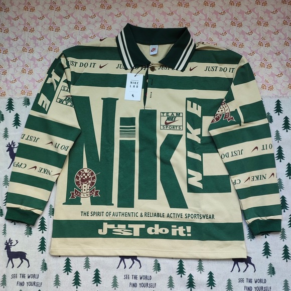 Nike Other - Nike Green and Cream Striped Long-Sleeve Polo with Bold Logo